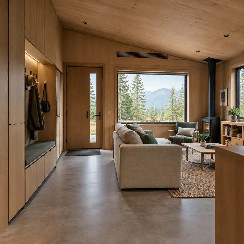 Functional cabin interior with entry storage, seating, and natural light