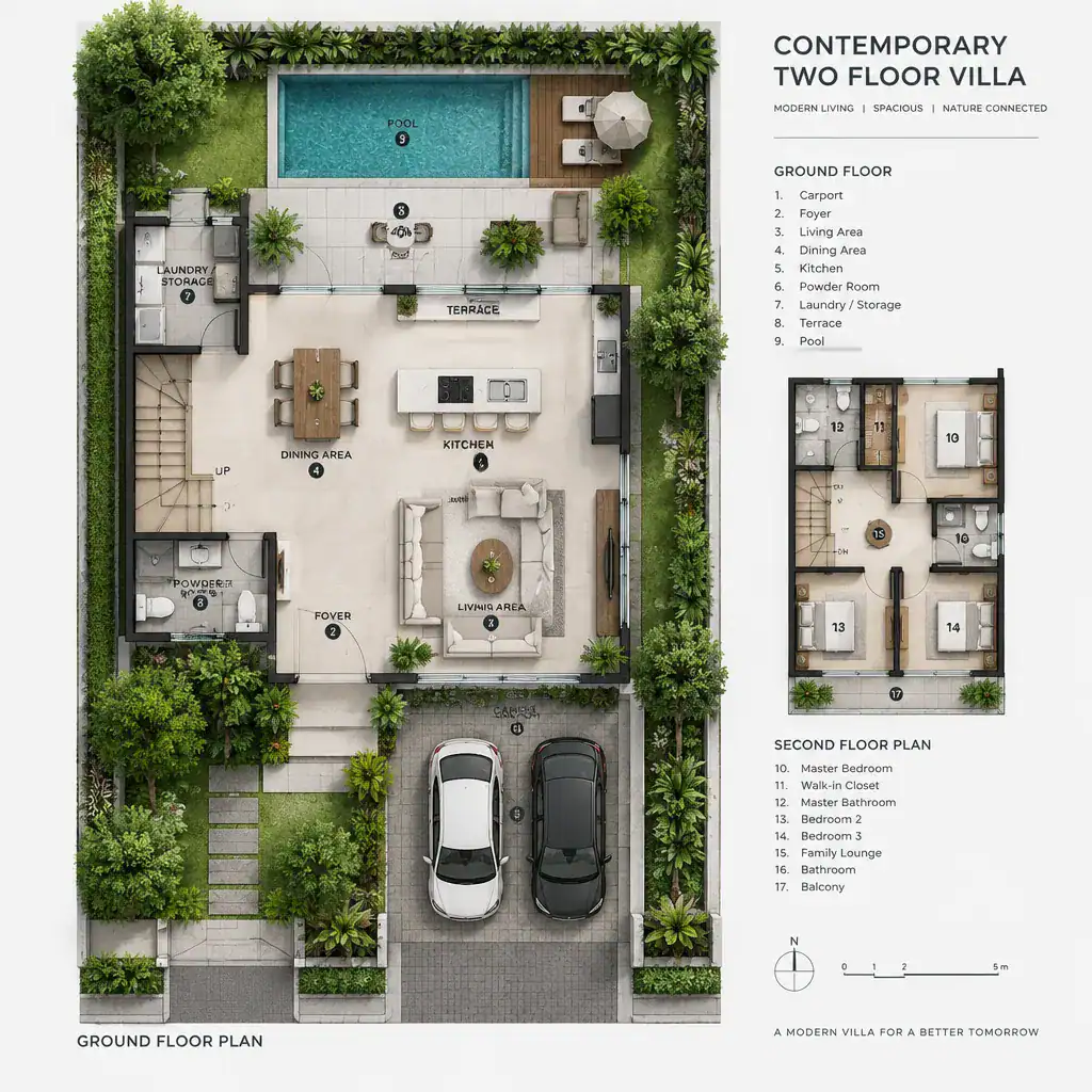Ground-floor plan of a contemporary villa with connected living spaces and terrace access