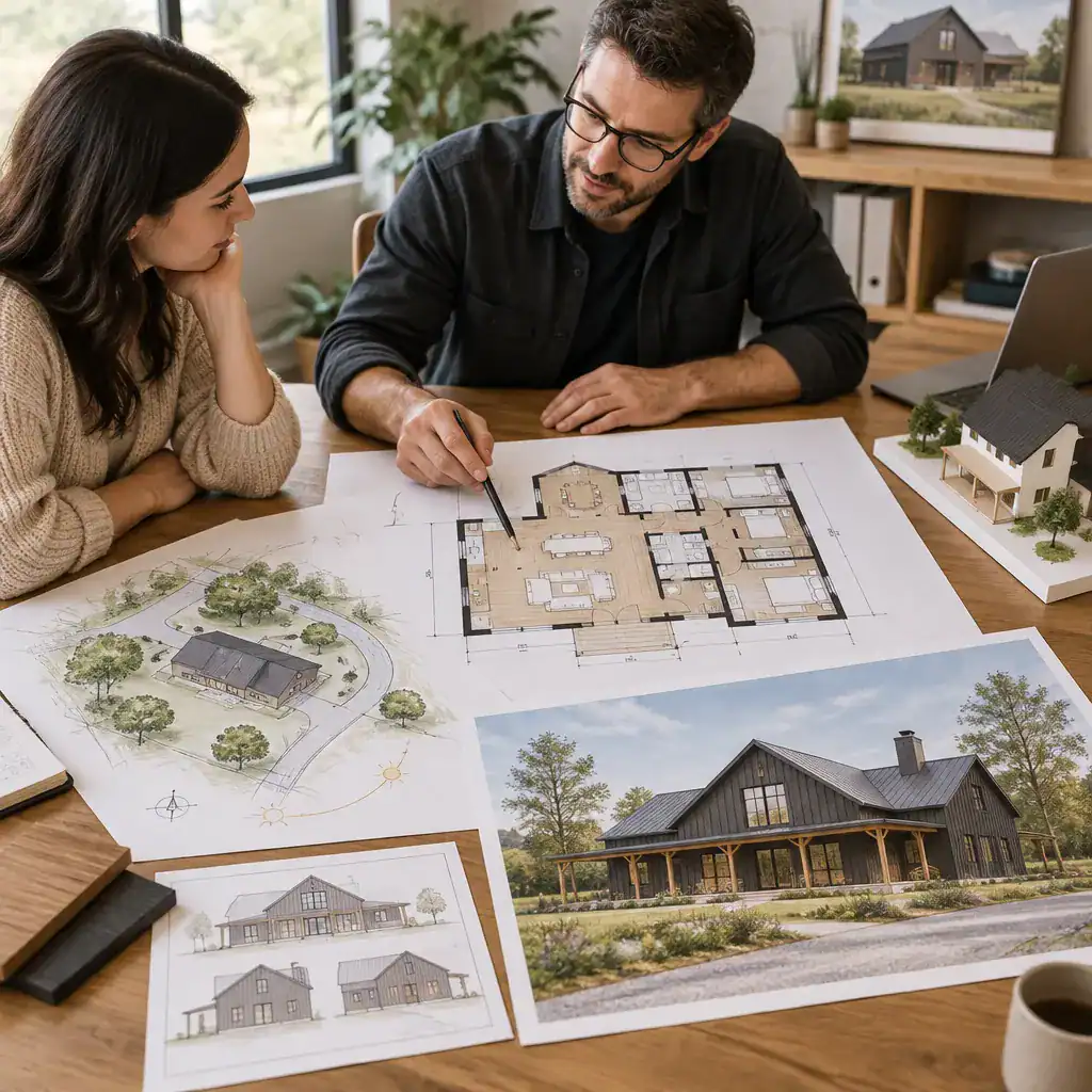Homeowner and architect reviewing a simple barn style house plan