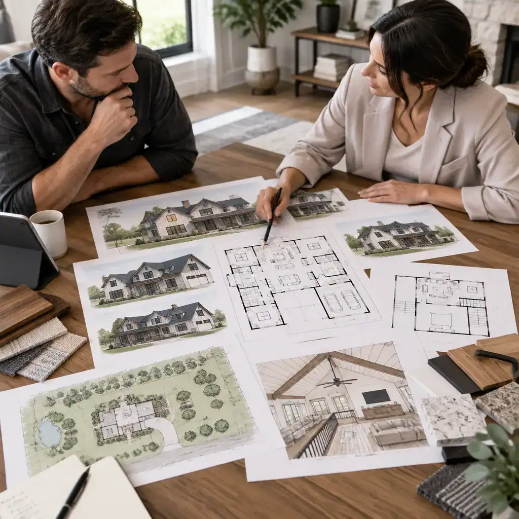 Homeowner comparing modern farmhouse plans with a designer