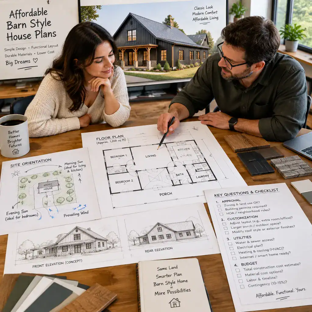 Homeowner reviewing barn-style house plans with a design professional