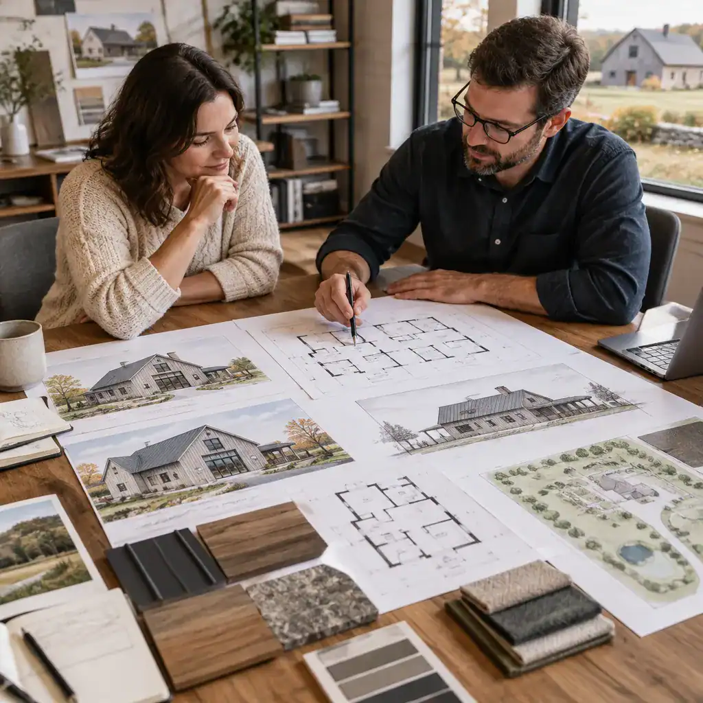 Homeowner reviewing New England barn house plans with an architect