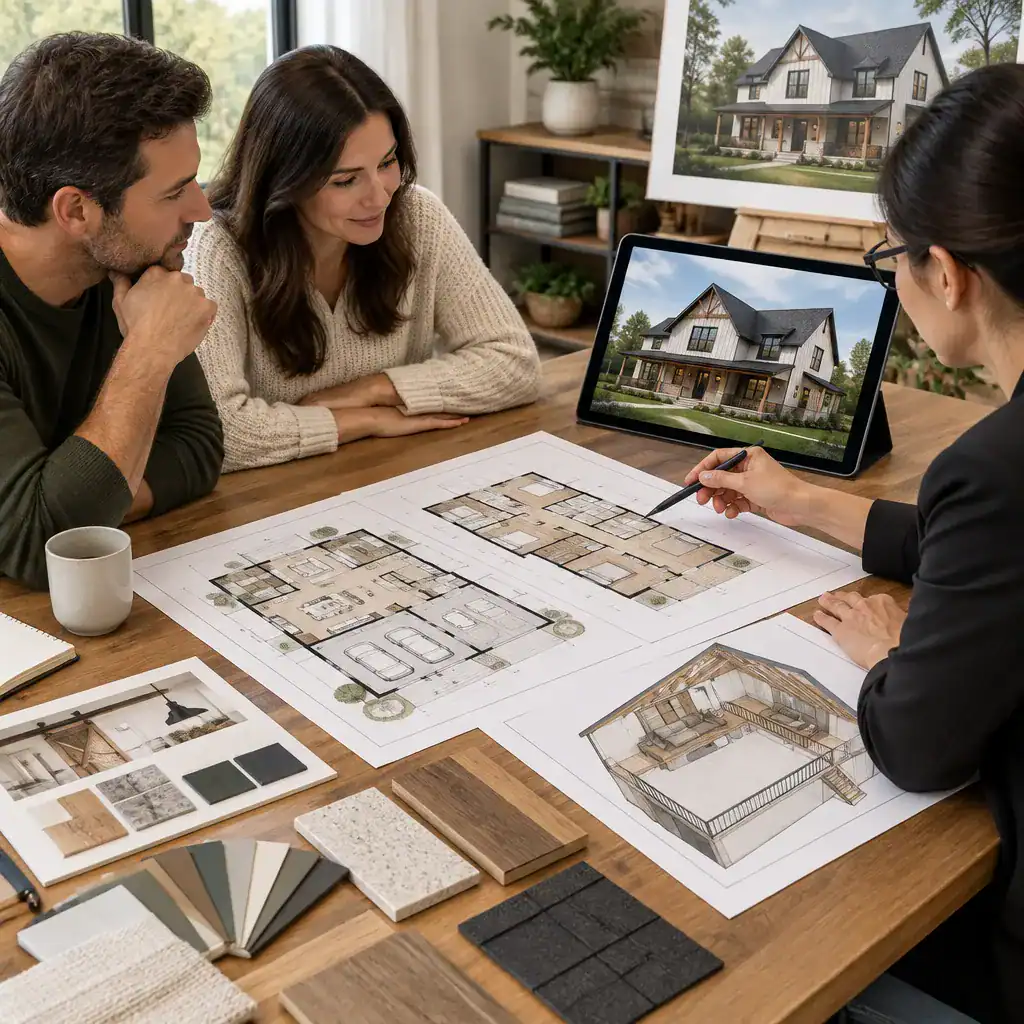 Homeowners reviewing a modern farmhouse plan with a designer