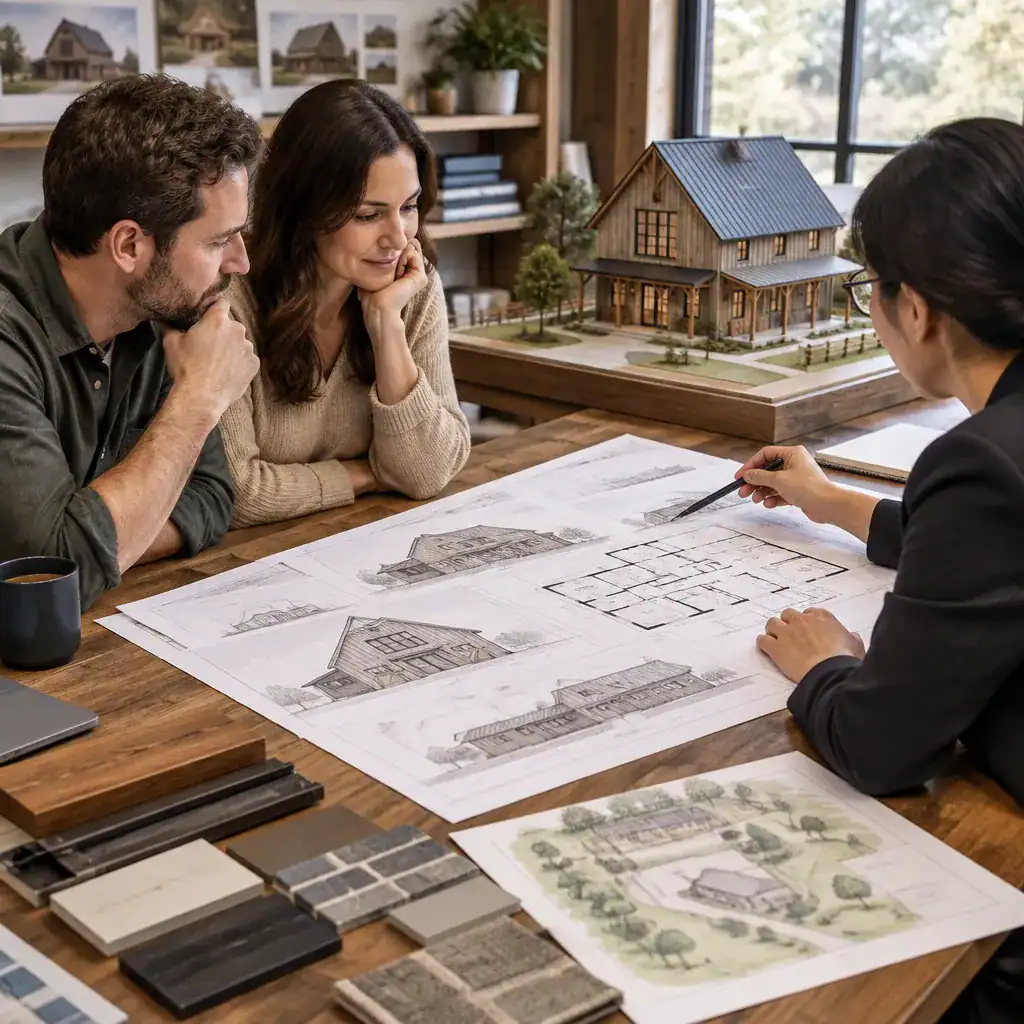 Homeowners reviewing classic barn house plans with a design professional