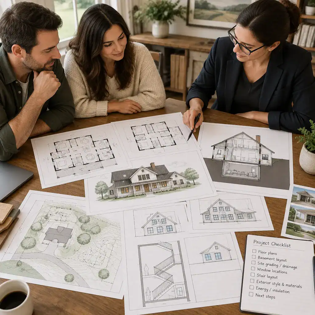 Homeowners reviewing farmhouse basement plans with a professional