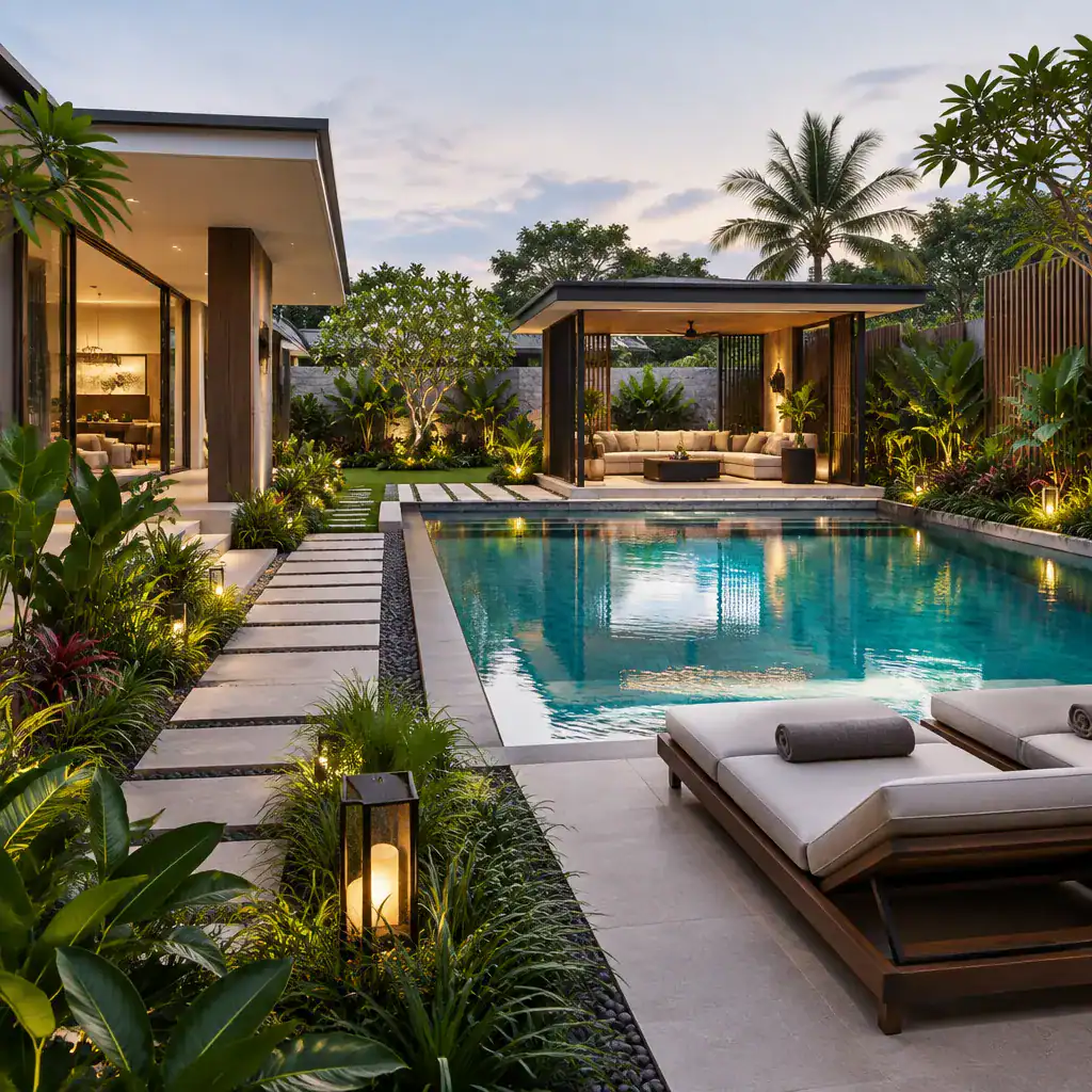 Landscaped poolside pavilion with privacy planting