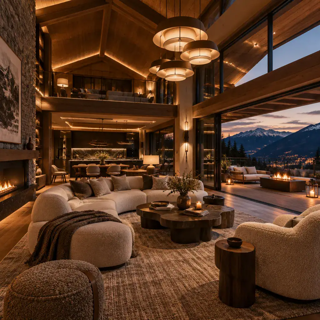 Layered lighting and refined furniture in a modern chalet interior
