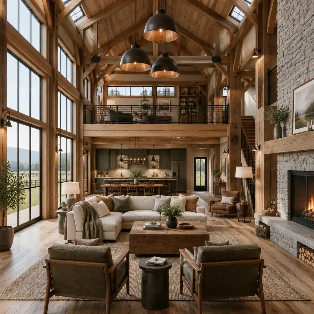 Light-filled barn house living room with timber details