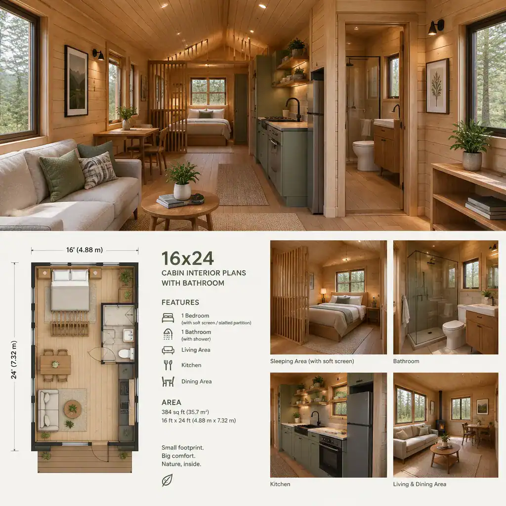 Light-filled compact cabin interior with wood finishes and private bathroom zone