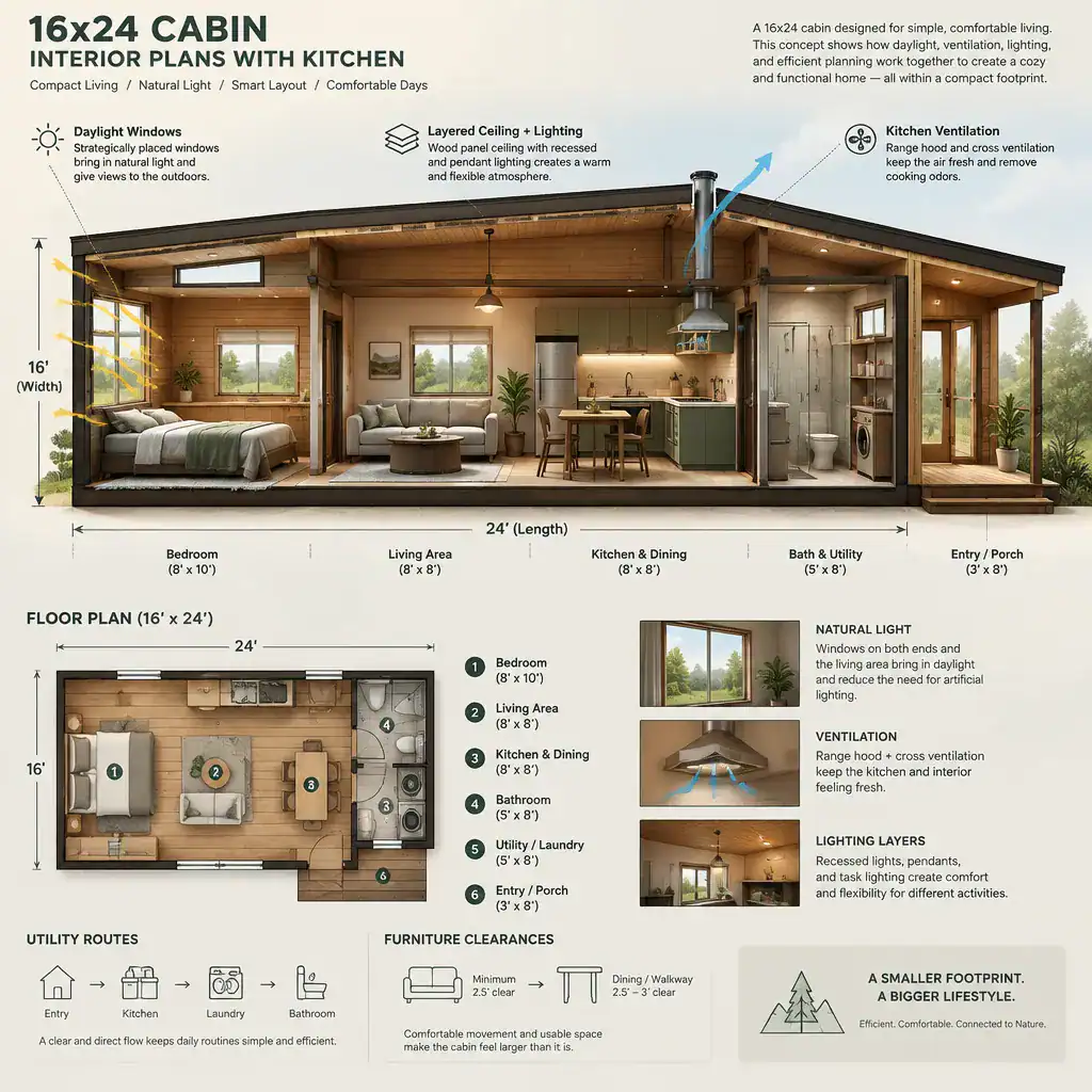 Lighting ventilation and utility planning in a compact cabin