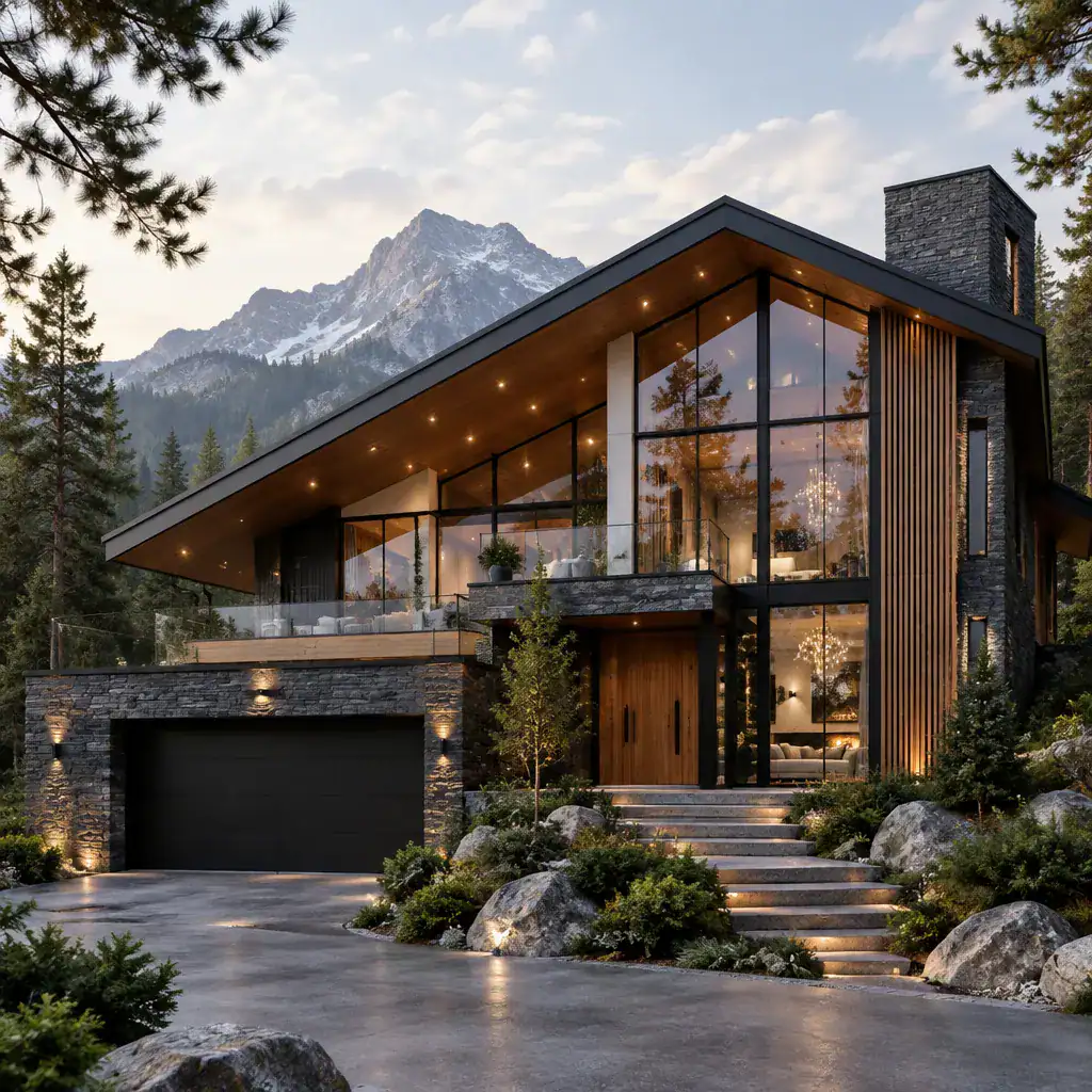 Luxury contemporary chalet exterior with timber, stone, and glass