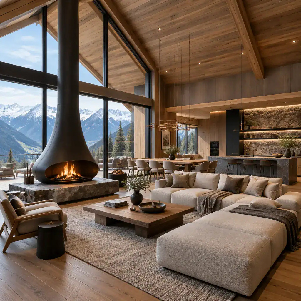 Luxury contemporary chalet interior with open living spaces and mountain views