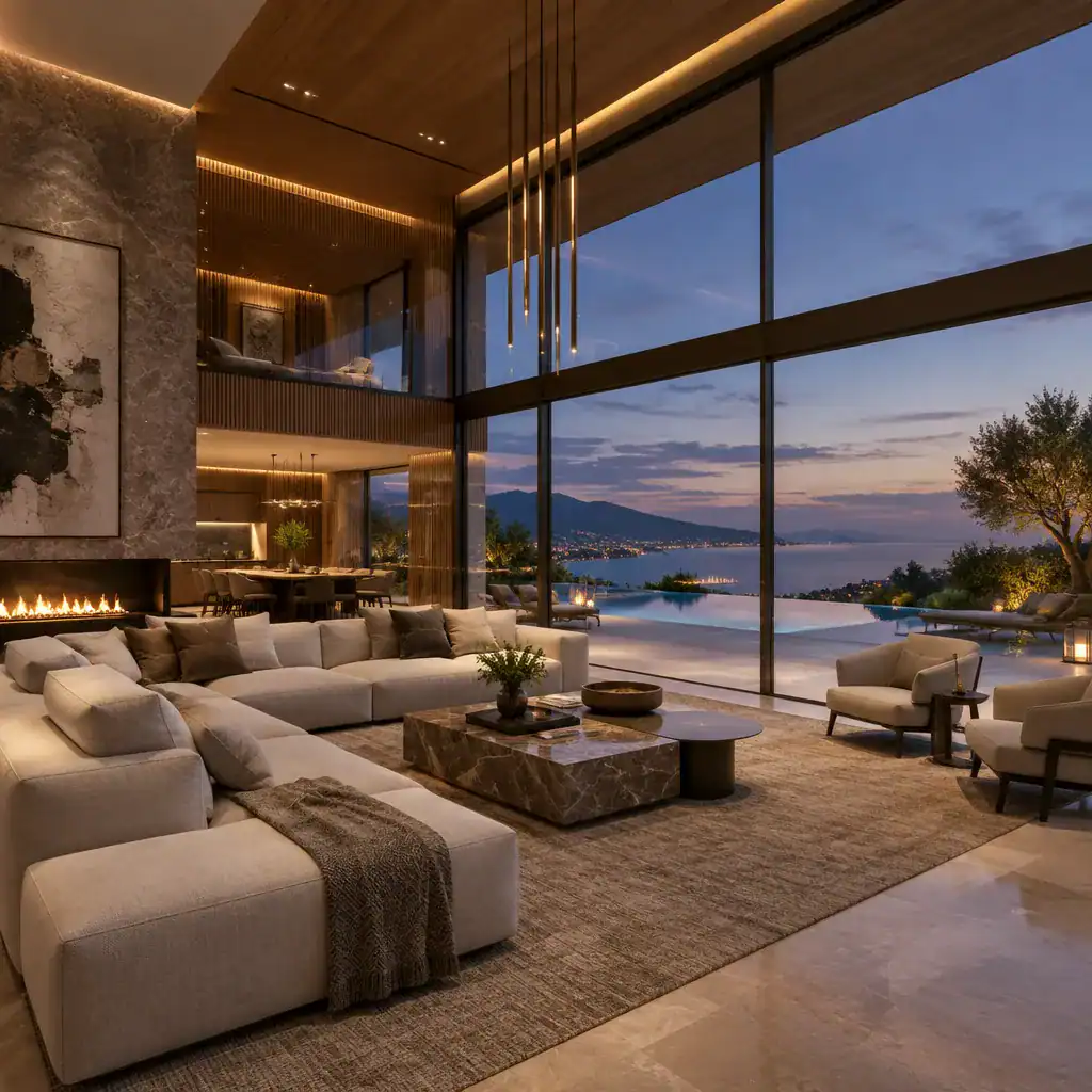 Luxury villa living room with warm materials and panoramic evening glazing