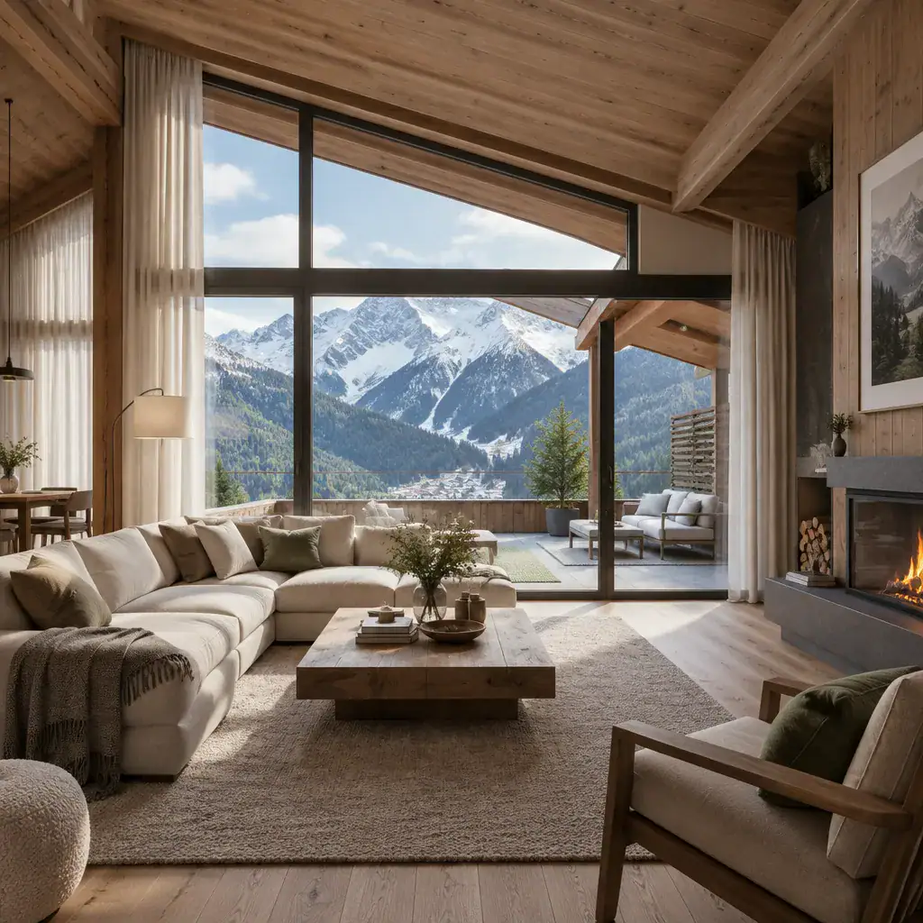 Modern alpine chalet interior with framed mountain views and natural daylight