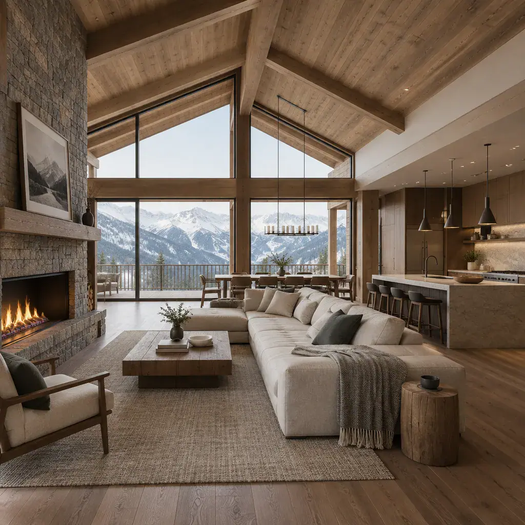 Modern alpine chalet open-plan living room with fireplace and mountain views