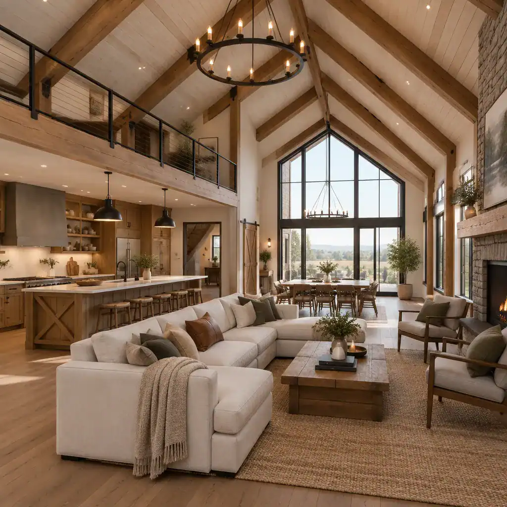 Modern barn house interior with vaulted ceiling and timber accents