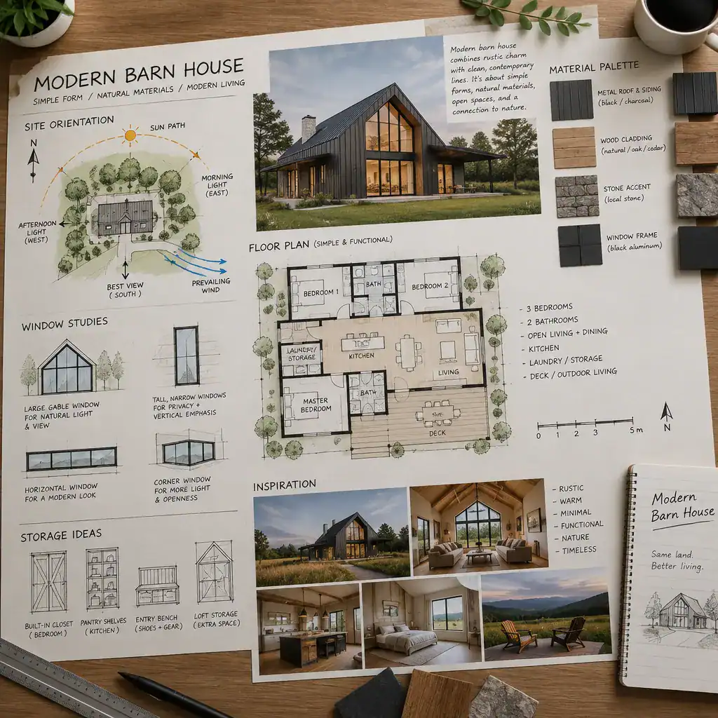 Modern barn house planning board with floor plan and material samples