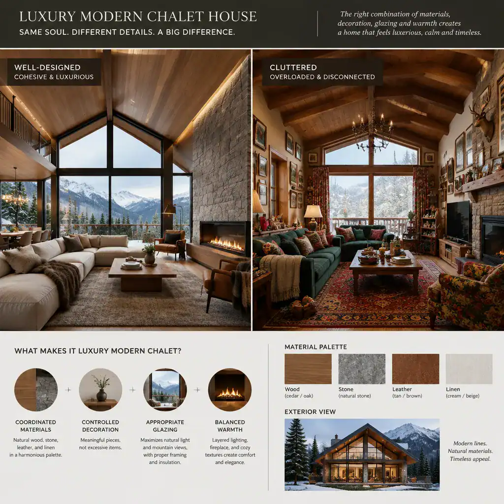 Modern chalet design comparison showing cohesive and cluttered interiors