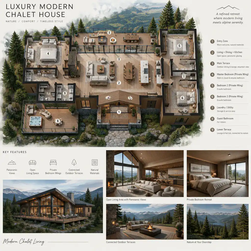 Modern chalet floor plan arranged around mountain views