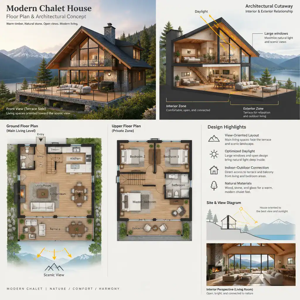 Modern chalet floor plan connected to outdoor views