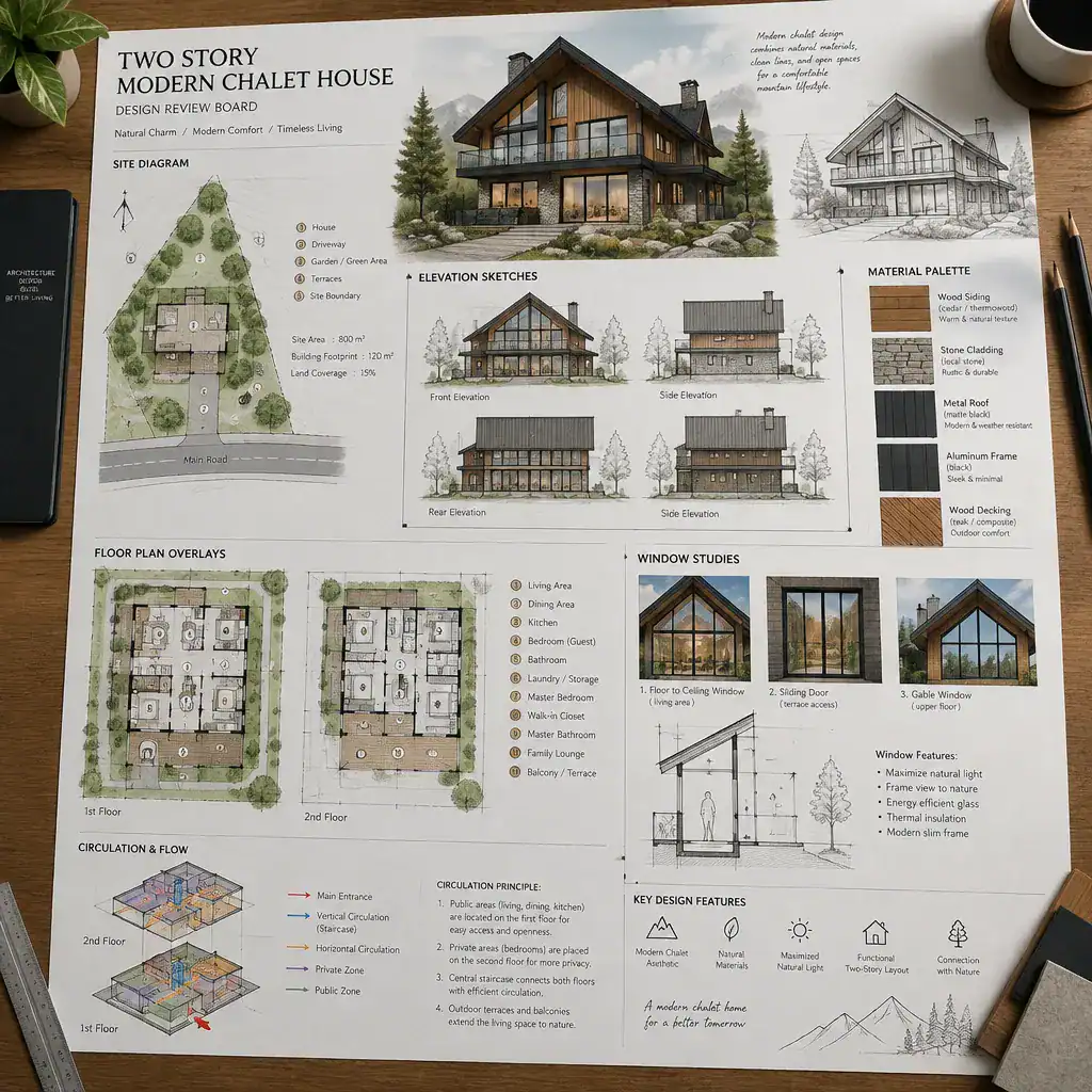 Modern chalet house design review with plans and material samples