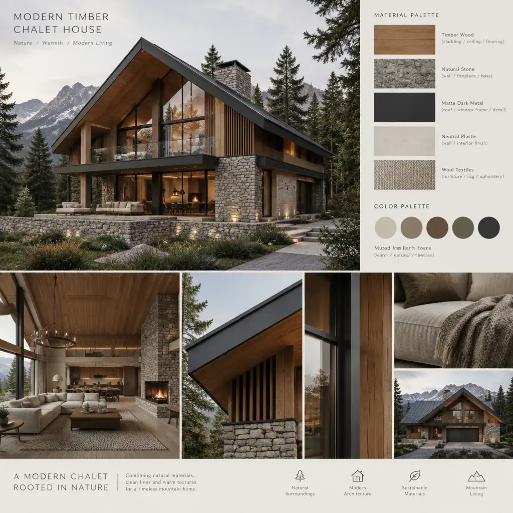 Modern chalet material palette with timber and natural stone