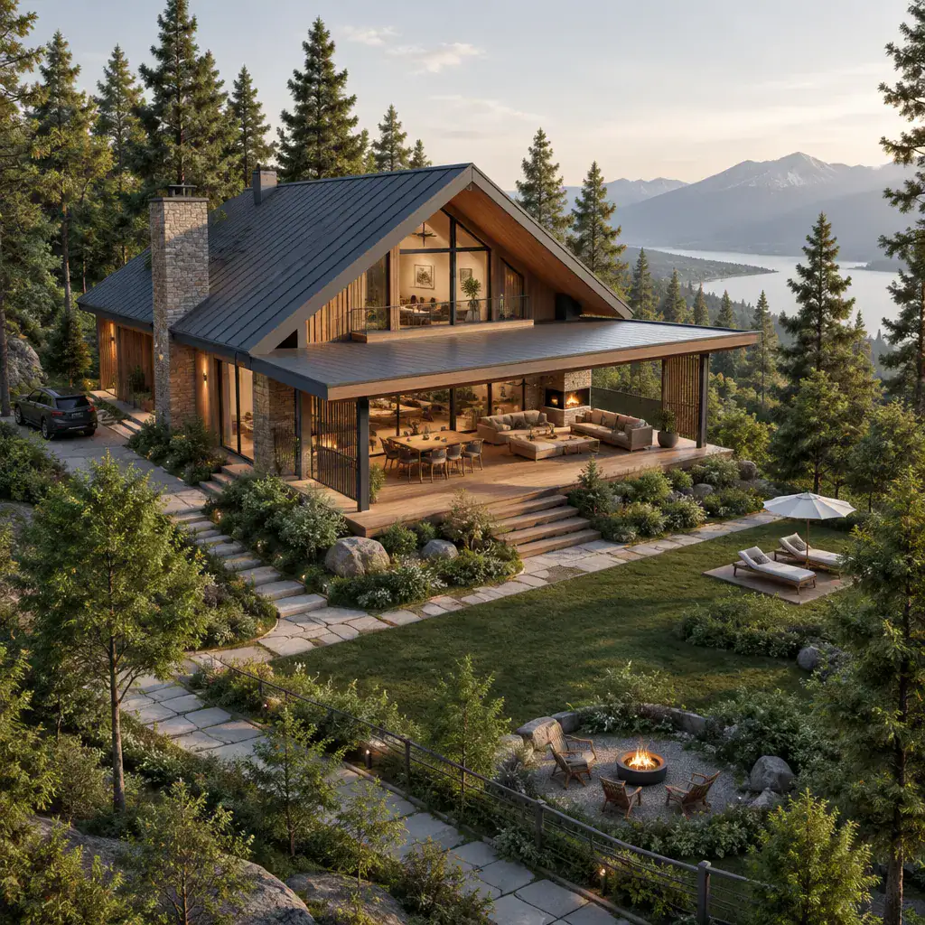 Modern chalet site concept showing the covered terrace and surrounding landscape