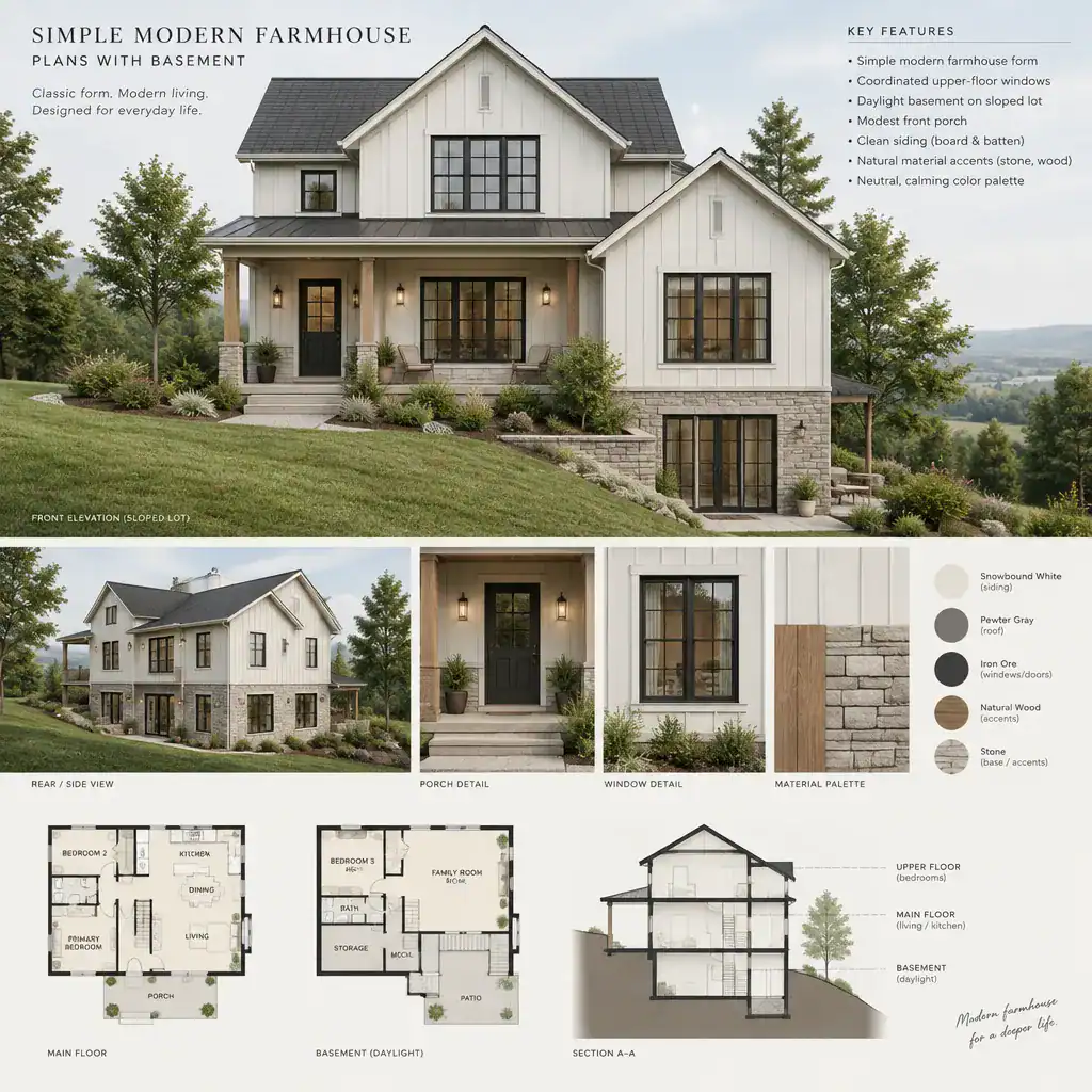 Modern farmhouse elevation with a daylight basement