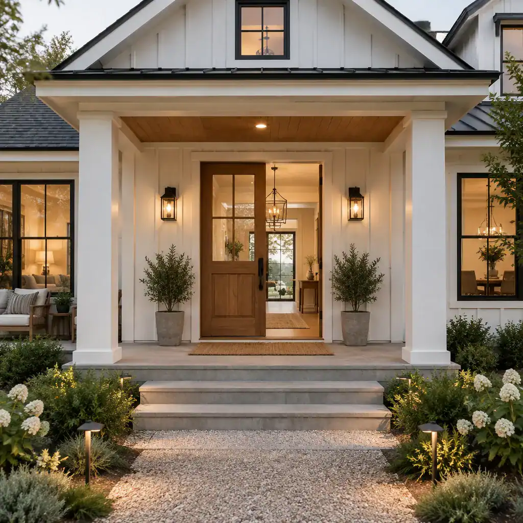 Modern farmhouse entry porch with a wood door and simple columns