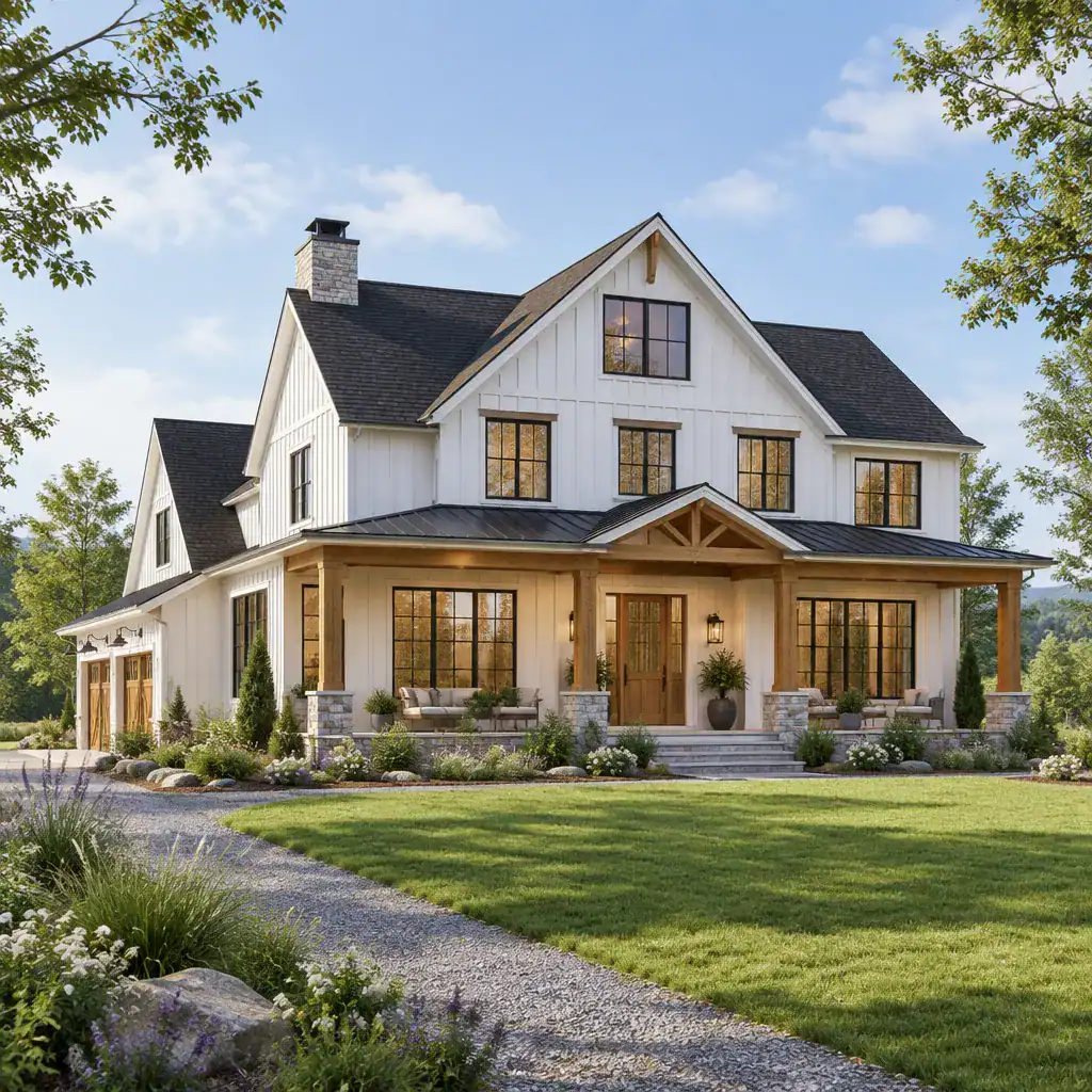 Modern farmhouse exterior with broad porch and balanced natural materials