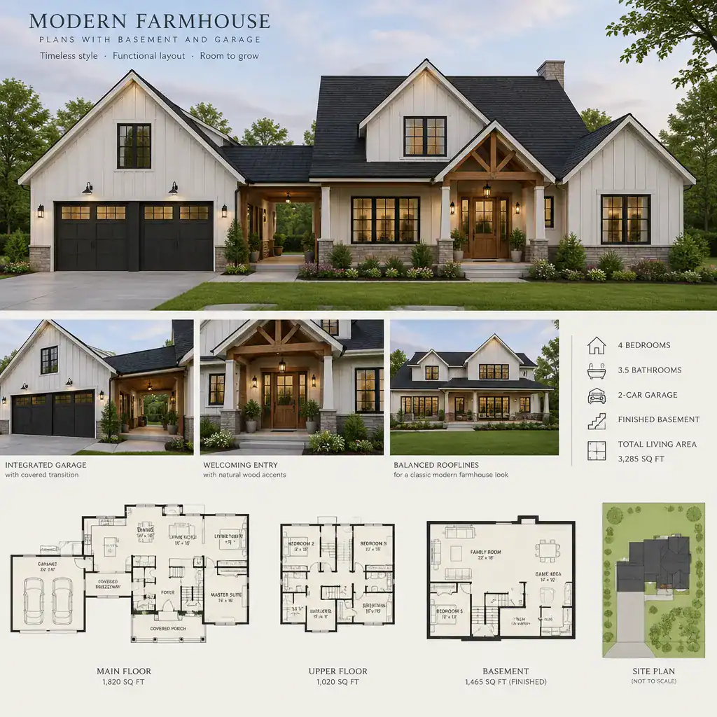 Modern farmhouse exterior with integrated attached garage