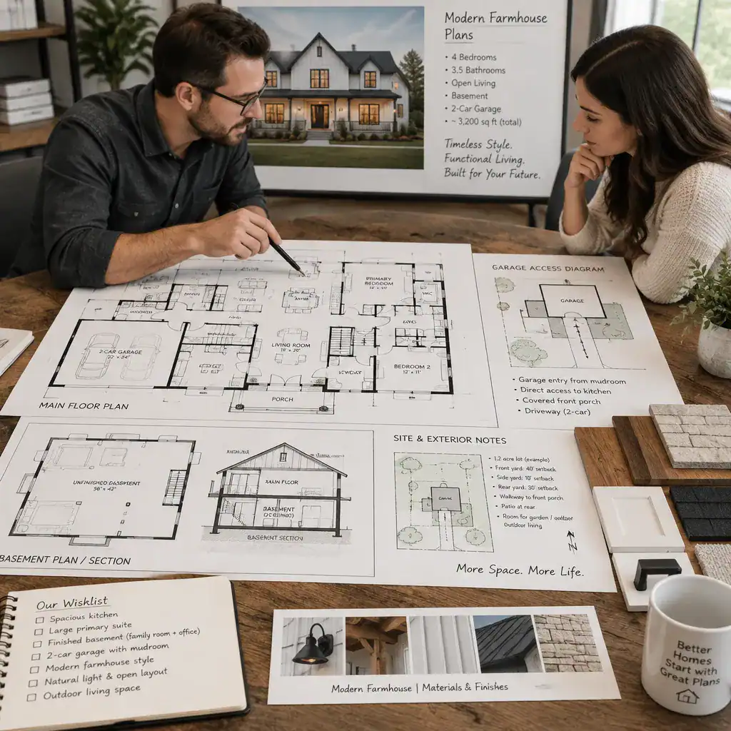 Modern farmhouse plan consultation with basement and garage