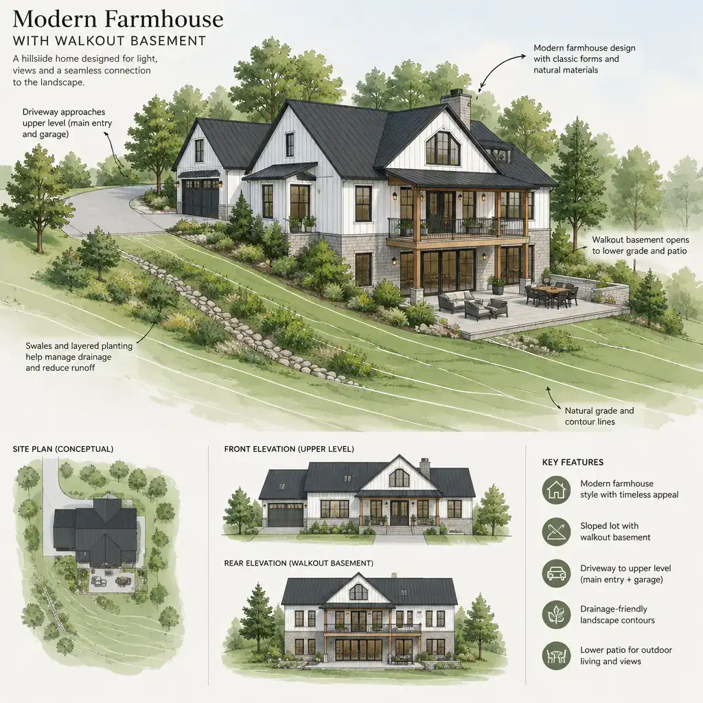 Modern farmhouse walkout basement site plan on a sloped lot