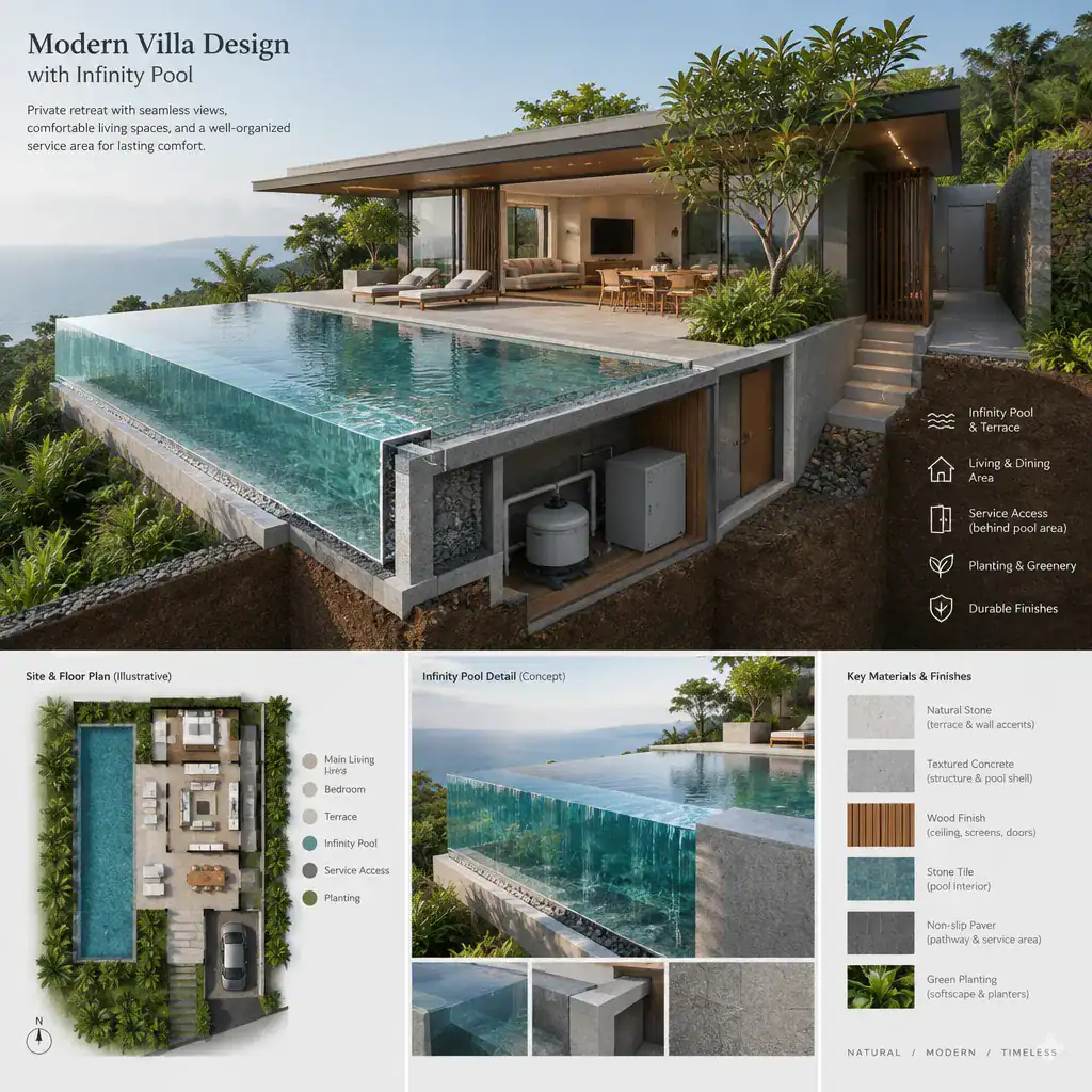 Modern infinity pool design with discreet maintenance access
