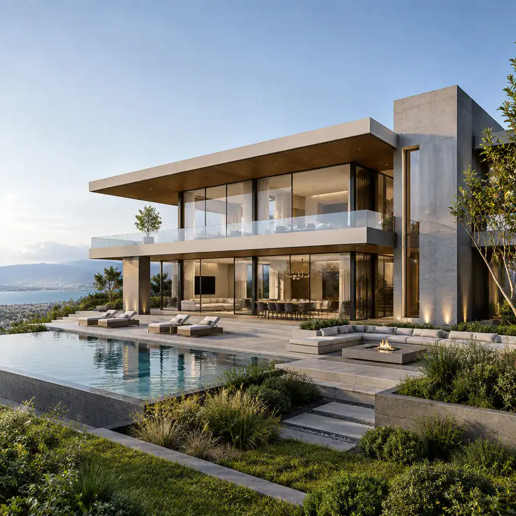 Modern luxury villa with panoramic glazing facing a landscaped view