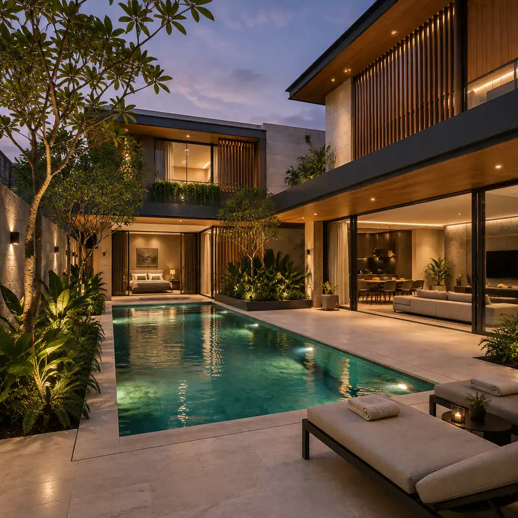 Modern pool courtyard with coordinated materials and evening lighting