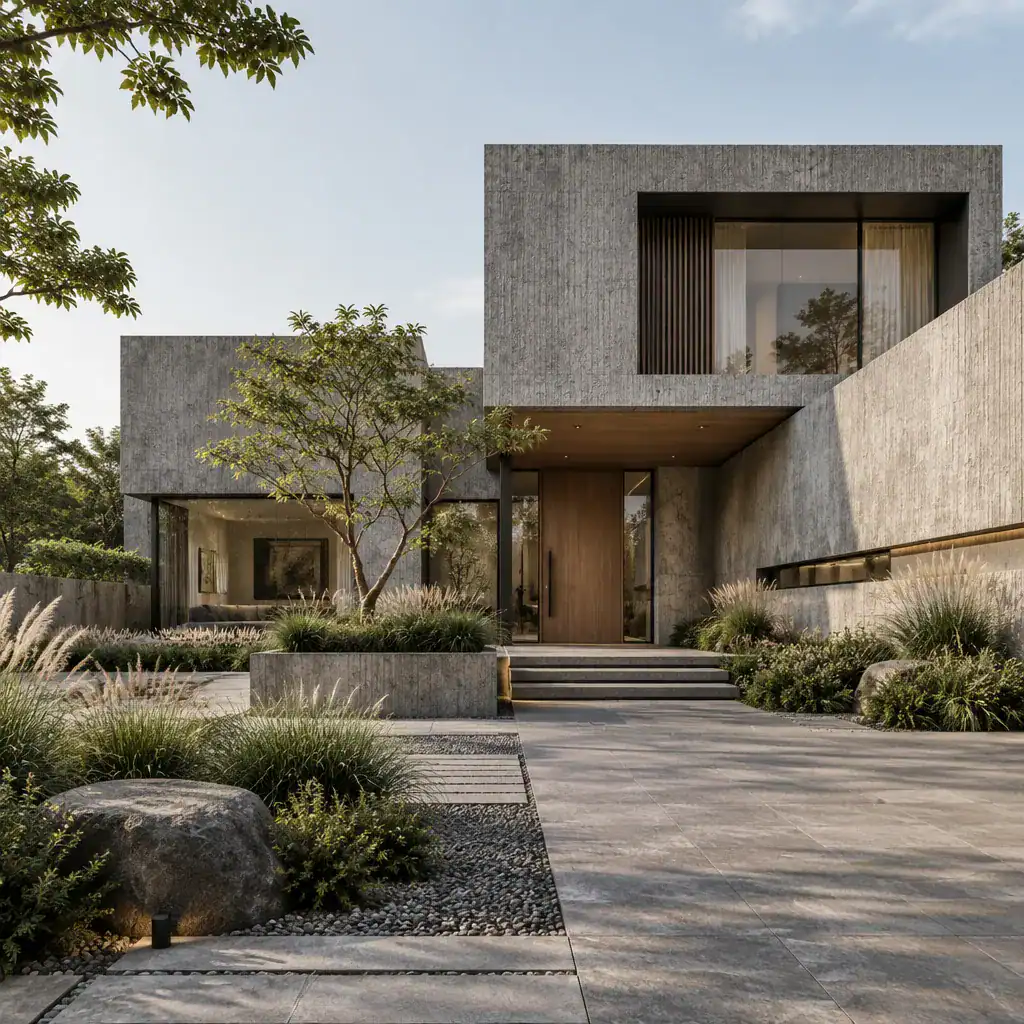 Modern textured concrete villa with restrained architectural landscaping