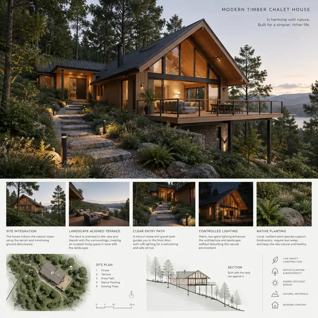 Modern timber chalet integrated with a wooded sloped landscape