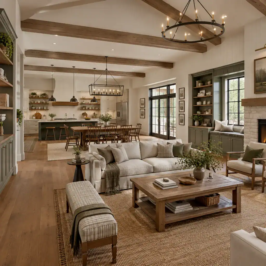 Modern traditional farmhouse interior with connected living and kitchen zones