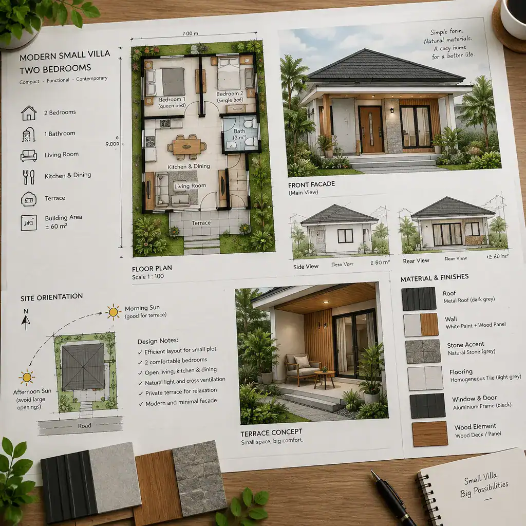 Modern two-bedroom villa design planning workspace