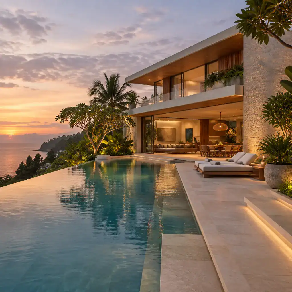 Modern villa and infinity pool with coordinated materials and landscape lighting