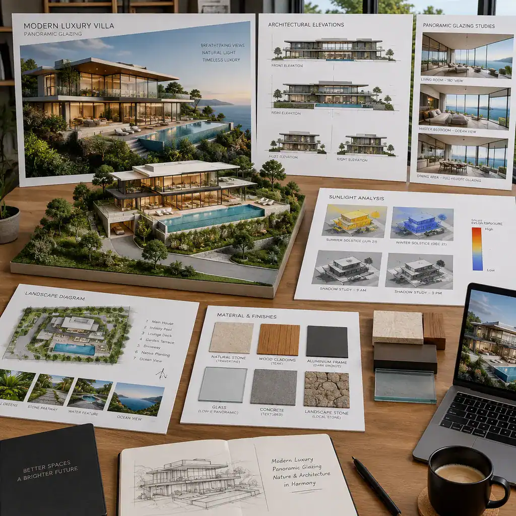 Modern villa design review with panoramic glazing studies and material samples