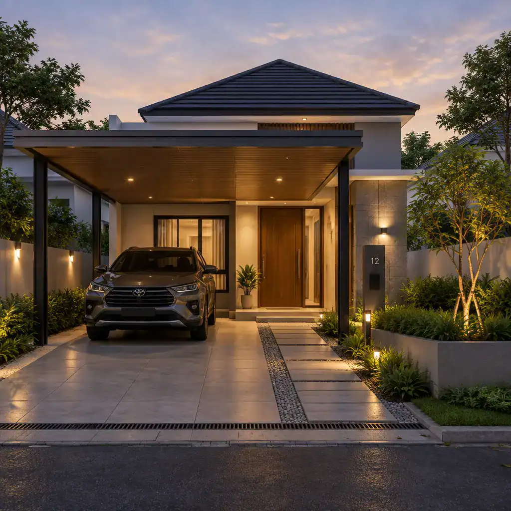 Modern villa entry landscape with illuminated covered carport