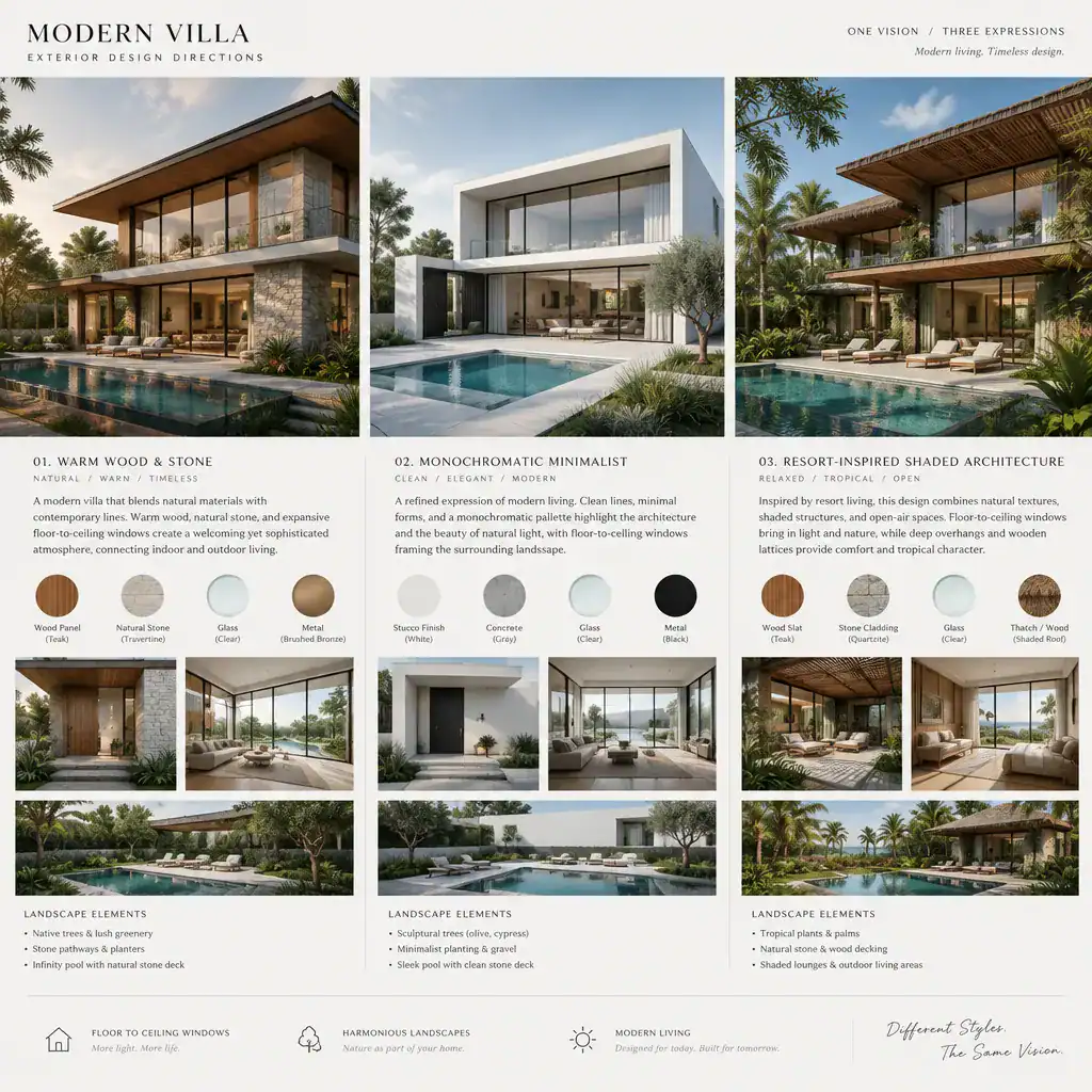 Modern villa exterior design directions with full-height windows