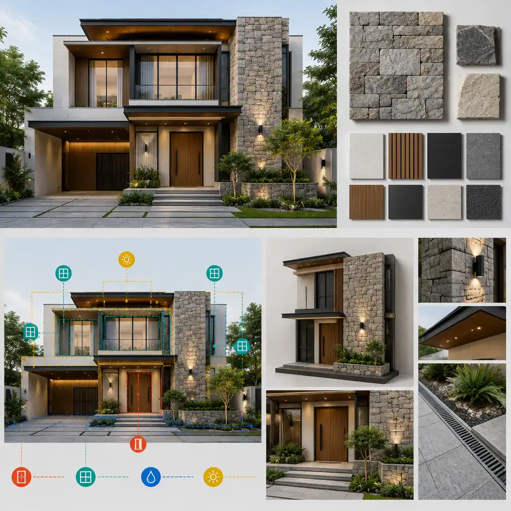 Modern villa facade design review with stone samples and material mock-ups