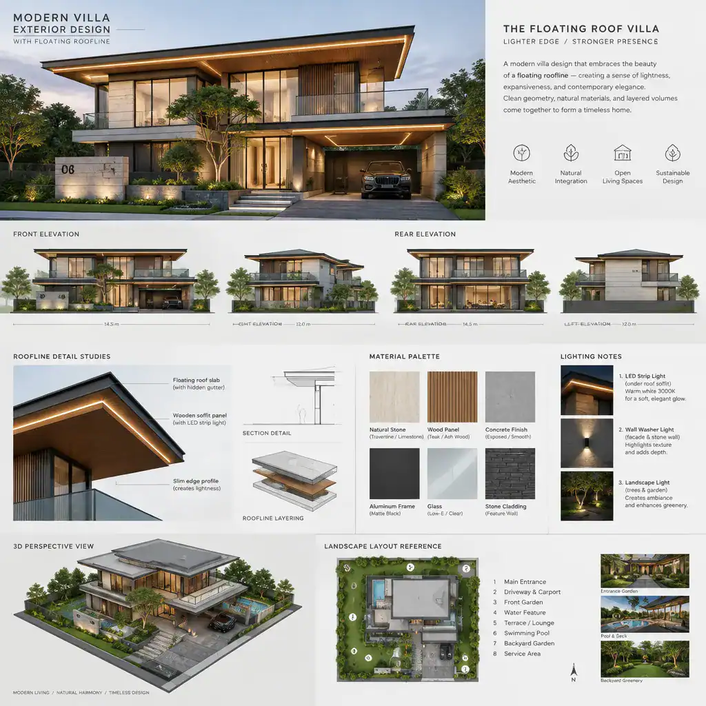 Modern villa floating roofline design planning board