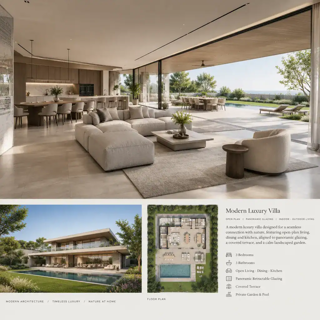 Modern villa interior opening to a landscaped terrace through panoramic glazing