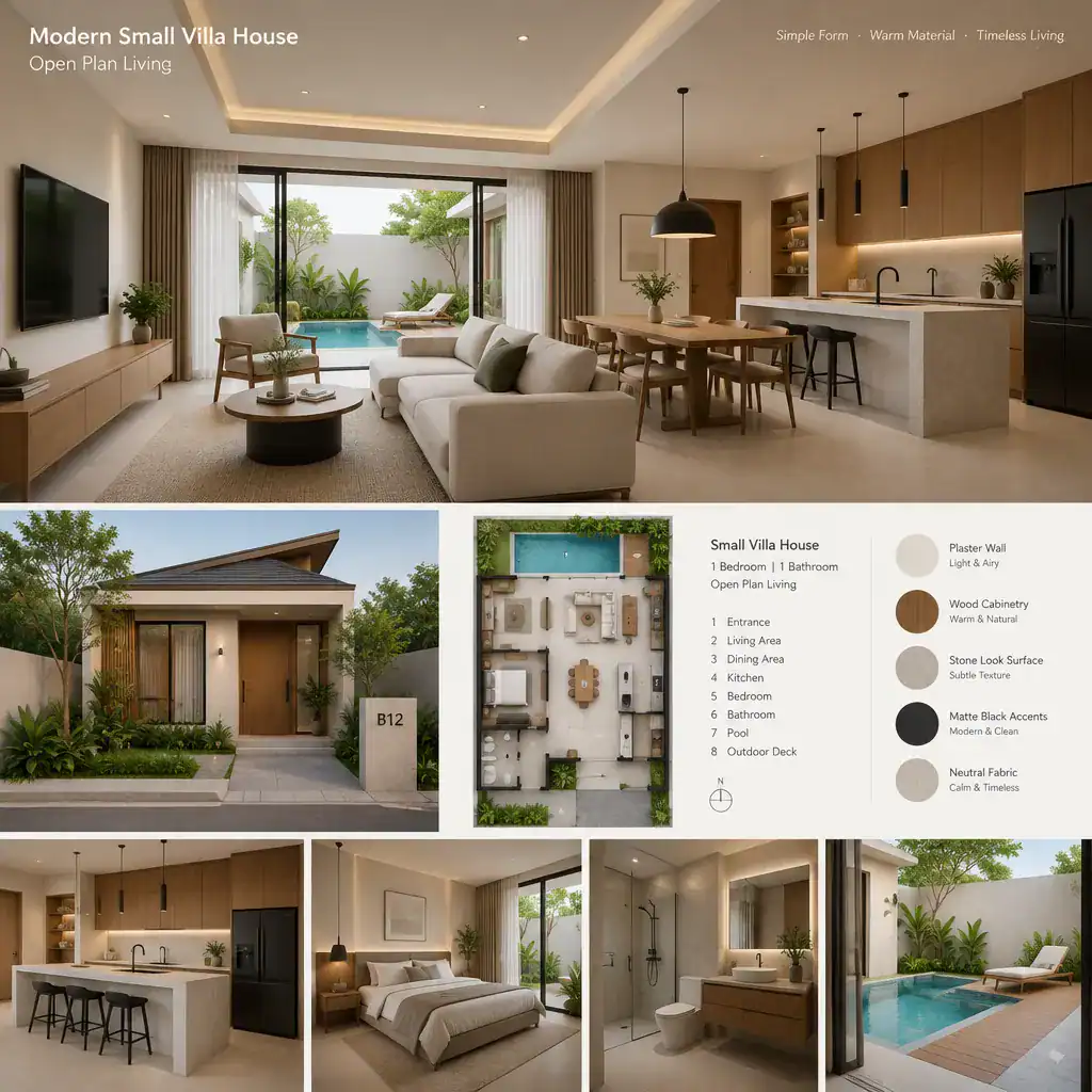 Modern villa interior with coordinated materials, colors, and layered lighting