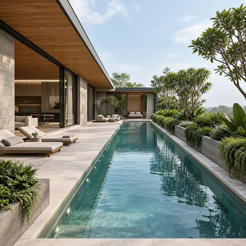 Modern villa lap pool with stone, timber, and layered landscaping
