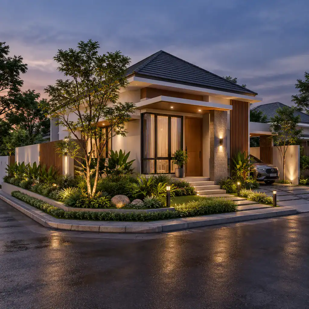 Modern villa materials, lighting, and landscaping on a corner lot